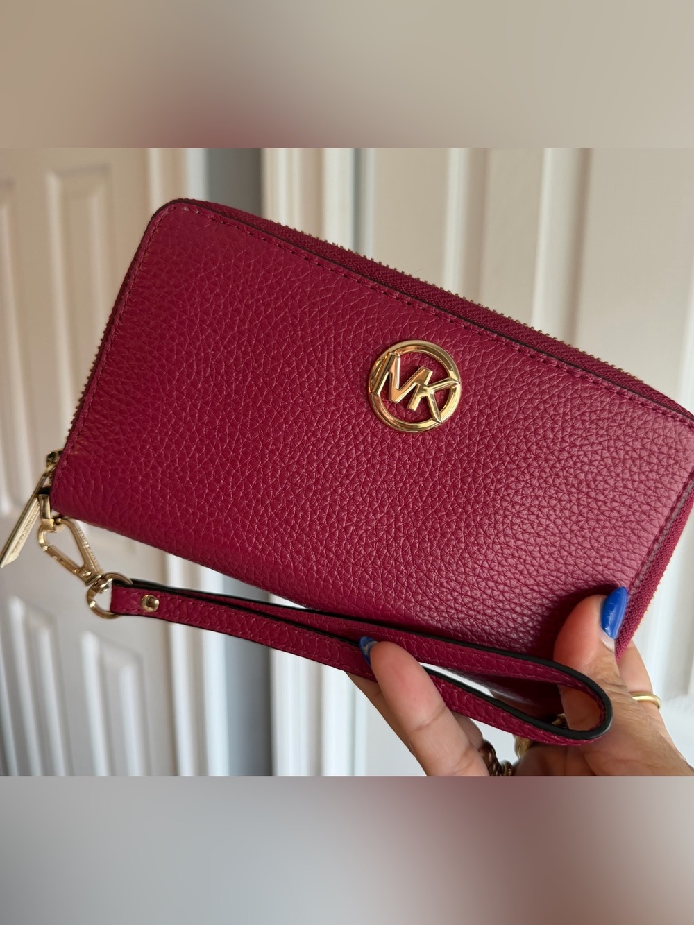 Michael Kors Leather Wallet Wristlet in Berry with Gold MK
